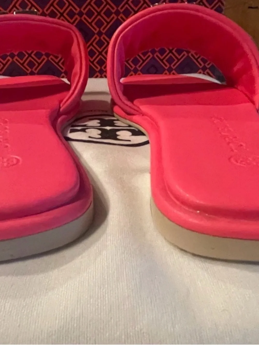 Tory Burch Neon Pink Crystal-Embellished Logo Slide Sandals text 5045474637.